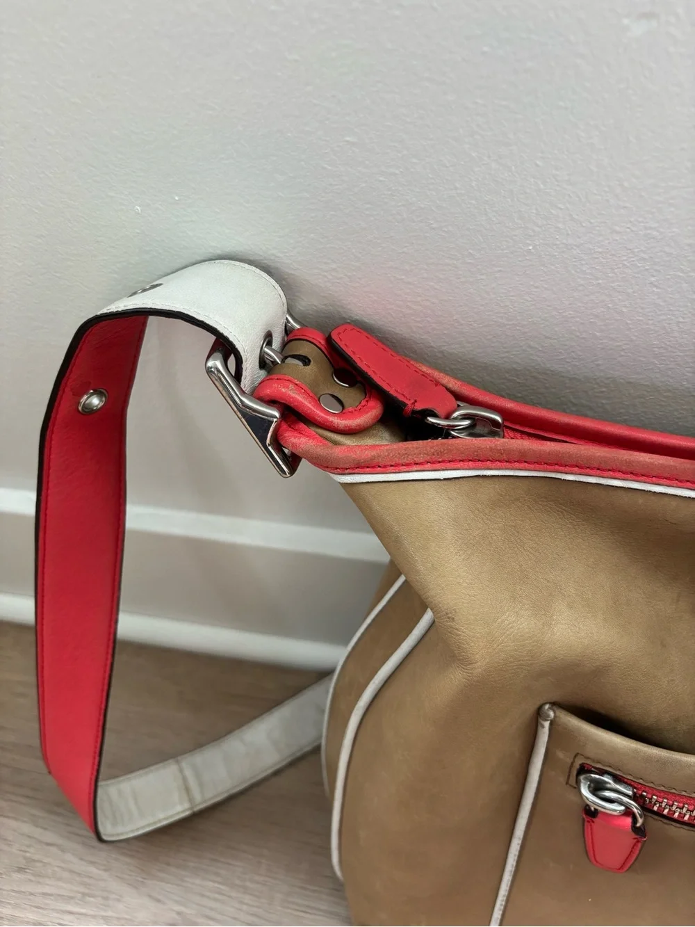 Coach Legacy Tan Leather Crossbody Bag with Coral Trim Purse